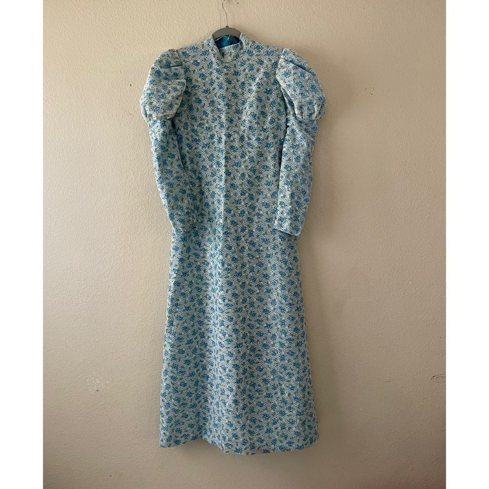 Vintage lace overlay puff sleeve‎ cottagecore midi dress